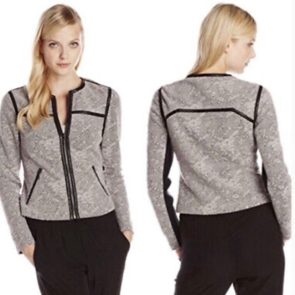 Rebecca Taylor Genuine Leather Trim Jacquard Zip Front Jacket Blazer Size 4